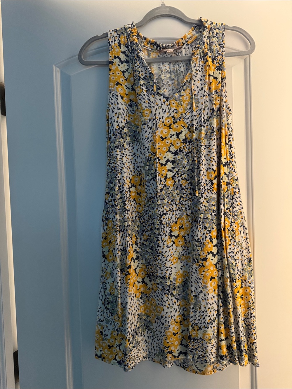 LOFT Yellow and Navy Floral Sleeveless V-Neck Dress